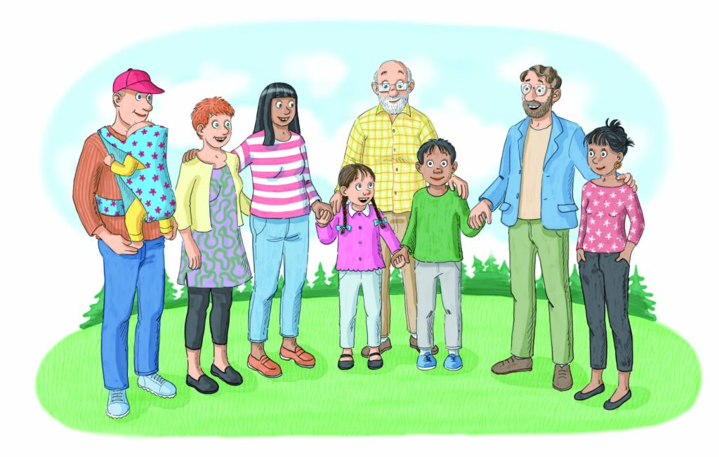 Illustration av barn och vuxna som står tillsammans på en gräsmatta
