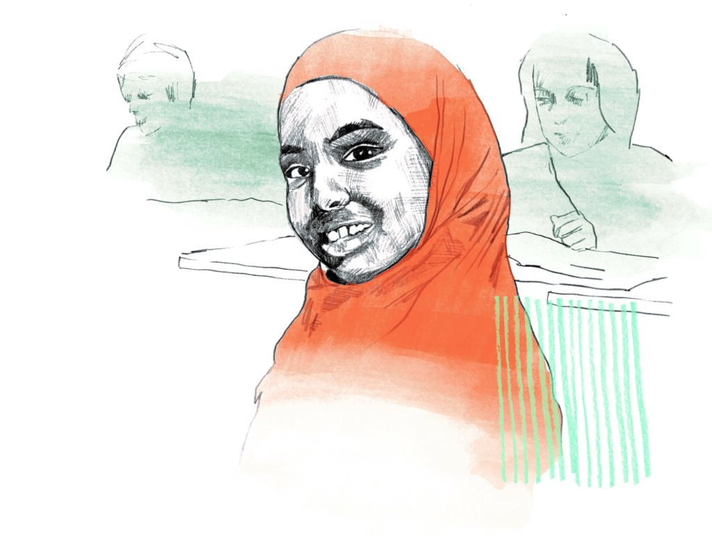 Tecknad illustration av en flicka i orange slöja.