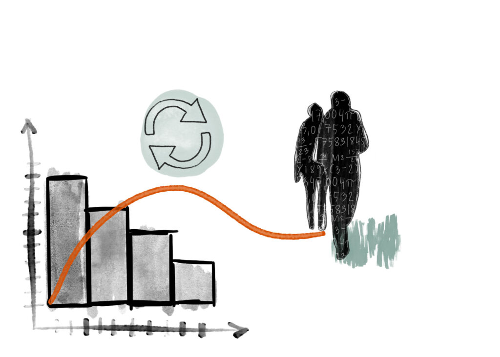 En illustration med statistik-symboler, till exempel en graf.