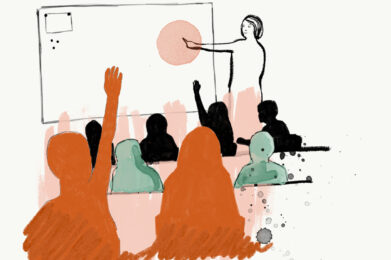 Illustration av elever och en lärare i ett klassrum.