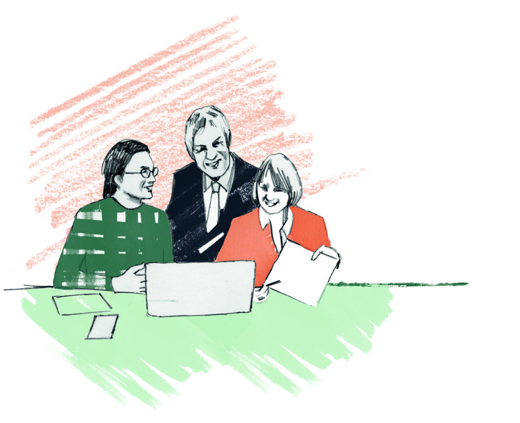 Illustration av tre personer som sitter vid en dator.