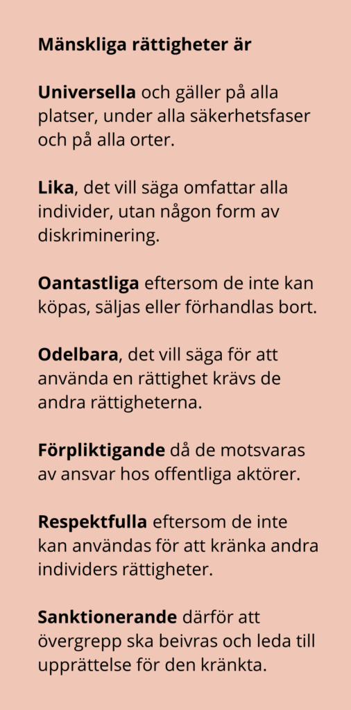 Mänskliga rättigheter är universella, lika, oantastliga, odelbara, förpliktigande, respektfulla och sanktionerande.